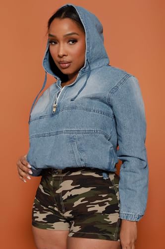 Women's Plus Size Half Zip Denim Hoodie Sweatshirt Pullover Jacket Jean Tops with Pockets3