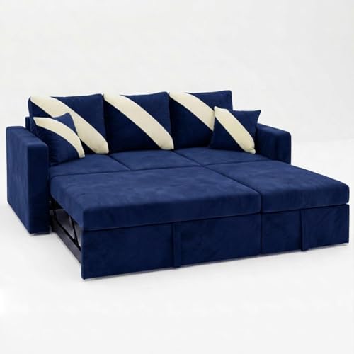 Image of FURNY Trivia 4 Seater RHS Lounger Sofa Cum Bed (Dark Blue) with Pull-Out Function | Luxury Velvet Suede Finish | Durable Comfort | Ideal for Living Room