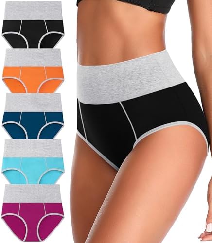 ASIMOON Womens Cotton Underwear High Waisted Slight Tummy Control Panties Soft Breathable Full Coverage Briefs Multipack