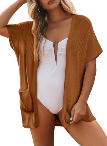 SHEWIN Womens Short Sleeve Summer Cardigan Sweaters Lightweight Open Front Pleated Cover Ups Beach Vacation Clothes for Women