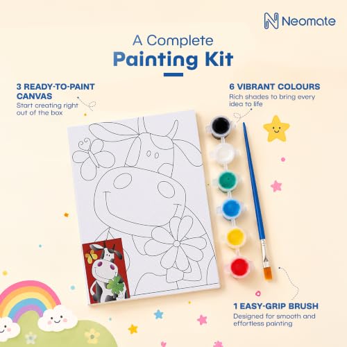Image of Neomate Canvas Painting Kit for Kids | DIY Painting Set with 3 Printed Canvas, 6 Acrylic Paint Pots & Brush | Art and Craft Kit, Paint Kit for Kids, Birthday Gift, Return Gift, Creative Activity Set