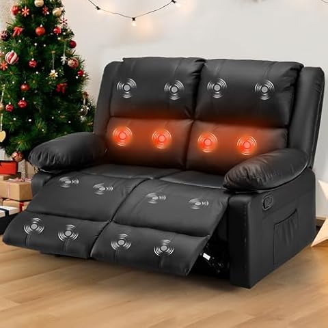 YODOLLA Loveseat Recliner with Heat&Massage Function, RV Couch Wall-Hugger Reclining Sofa Modern Manual Faux Leather Control, Home Theater Seating, Black, 2 Cover