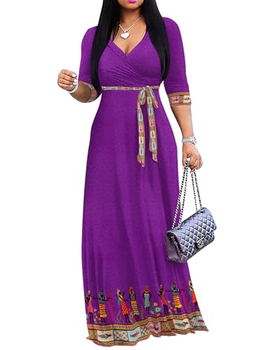 Image of Yajedo Womens Casual Summer Maxi Dress Plus Size Sexy Wrap V Neck 3 /4 Sleeve Sundress with Pockets