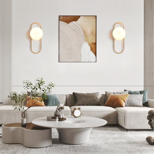 Image of Bektas Gold Wall Lamp Sconces Set of 2 with White Globe Glass Shade - Living Room & Bedroom Wall Lights ETL Listed