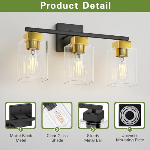 Image of Black and Brushed Gold Bathroom Vanity Light, 3-Light Vanity Lighting fixtures Over Mirror, Square Design & UL Certification, Wall Sconces with Clear Glass Shades, E26 Socket (Bulbs Not Included)