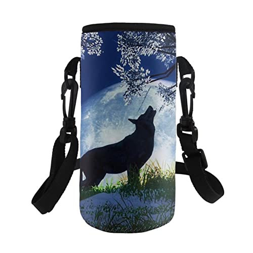 COEQINE Kids Adult Water Bottle Carrier Bag,Print Floral Wolf,Neoprene Portable Insulated Bottle Sling Holder Bag,for Stainless Steel and Plastic Bottles