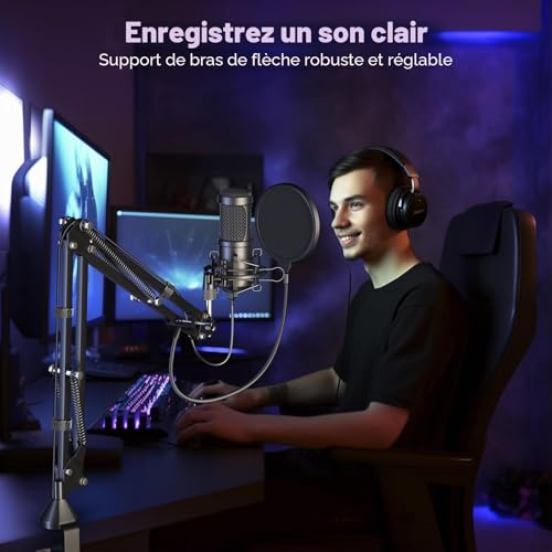 Aokeo AK-60 Professional Studio Diffusion en Direct Enregistrement Microphone à condensateur avec Support de Bras de Microphone, Montage Antichoc, Filtre Anti-Pop, Carte Son USB – vue 6