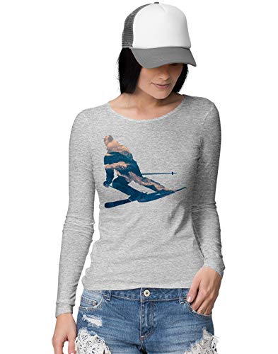 BLAK TEE Women's Double Exposure Mountains and Skiing Long Sleeve T-Shirt M Grey