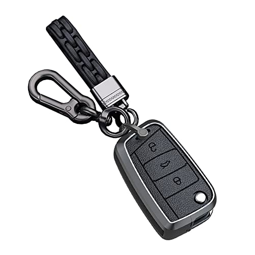 HIBEYO Metal Key Fob Cover for Volkswagen VW Golf 7 Mk7 Polo Jetta4 Touran T-Roc Tiguan Seat Leon 3 Ibiza4 5 Toledo4 Arona Car Accessories with Keychains Flip 3 Buttons Key-Black
