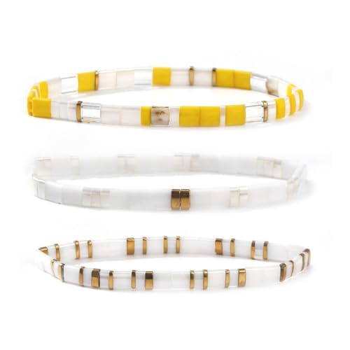 Ustome Tila Flat Square Stackable Beaded Bracelets Set for Women Men, Boho Romantic Handmade Healing Stretch Accessories Jewelry,Party Holiday Friendship Gift