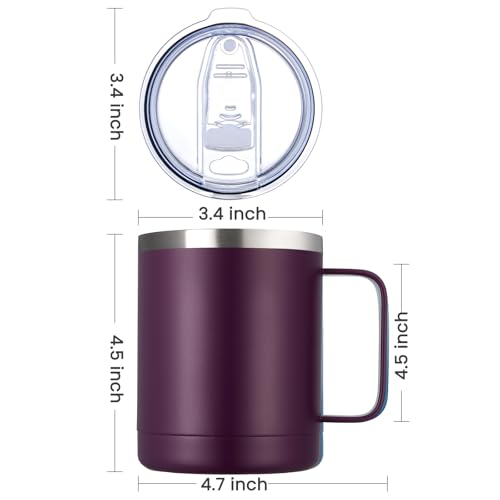 Image of MEWAY 12oz Coffee Mug With Handle and Sliding Lid,Stainless Steel Travel Tumbler Cup with Handle,Double Wall Vacuum Insulated Camping Cup for Hot & Cold Drinks Tea (Plum,Set of 1)