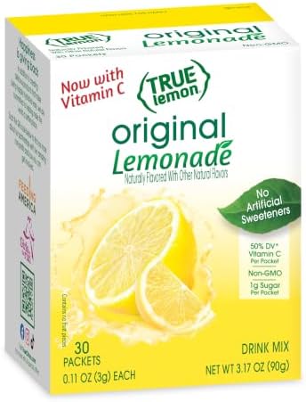 TRUE LEMON Original Lemonade Drink Mix (30 Packets) | Made from Real Lemon | No Preservatives, No Artificial Sweeteners, Gluten Free | Water Flavor Packets & Water Enhancer with Stevia