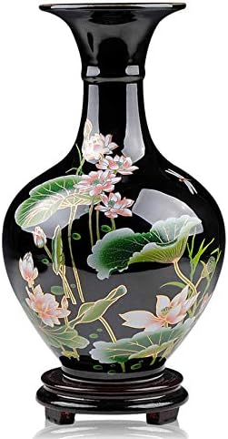 Meightai 9.45'' China Style Decorative Vase, Classic Ceramic Vases for Art Home Decoration, Chinese Retro Porcelain Ceramic Vase with Base, Beauty Lotus Flower Painting, Black