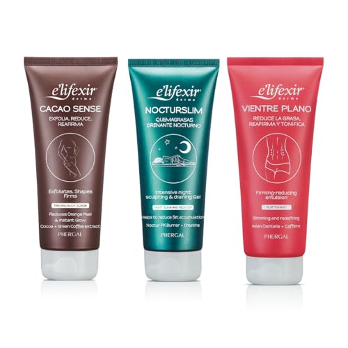 Elifexir 3-pak Cacao Sense + Nocturslim + Vientre Plano | Kremy redukujące ciało | Żel do ciała Scrub Gel redukujący tłuszcz krem efekt płaskiego brzucha | 3 x 200 ml