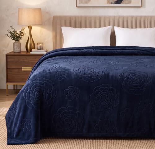 Image of VAS COLLECTIONS 280 GSM Micromink Blanket, Premium Soft Warm Cozy Blanket, Plush Double Bed Blanket, Ultra Soft Comfortable Bedding, Embossed Floral Design, 82 x 86 Inches (208 x 218 cm) - Deep Teal