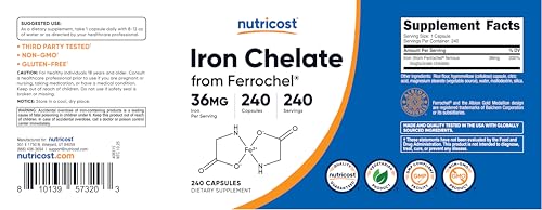 Image of Nutricost Chelated Iron, As Ferrochel, 36mg, 240 Capsules