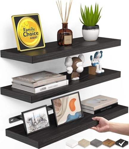 Floating Shelves for Wall Wall Mounted Rustic Wood Shelves for Bathroom Bedroom Living Room Kitchen Hanging Shelf for Books/Storage/Room Decor with 22lbs Capacity (Black Set of 3 15.7in)