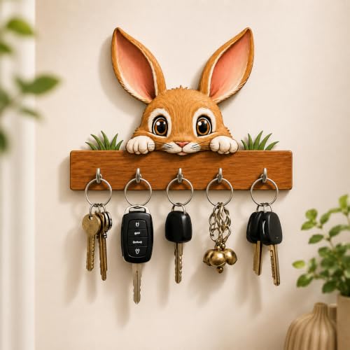 Image of placid & co. Cute Bunny Wooden Key Holder for Wall Hanging | Decorative Rabbit Key Hanger with Hooks | Key Stand for Home Entrance | Wall Mounted Key Organizer | Home Decor Gift
