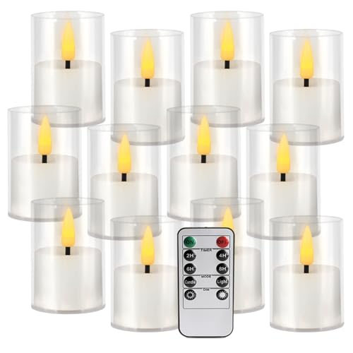 Image of 12 Pack LED Tea Light Candles, 3D flameless Flickering Candles | Battery powered, with remote control and timer, transparent acrylic, perfect for weddings, parties, and home decor (white)