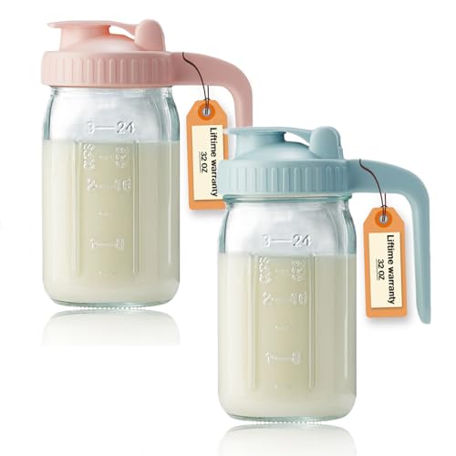 Image of 2 Pack 32oz Glass Pitcher with Lid & V-shaped Pour Spout - 1 Quart Double Leak Proof, Creamer Container for Sun Tea, Juice, Cold Brew Coffee, Breastmilk Storage Container