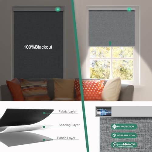 Bliwans Motorized Blinds with Remote [100% Blackout & Silent Motor] Smart Blinds Compatible with Alexa Google HomeKit, Electric Roller Shades for Indoor Windows, Customized Size, Mist Deep Gray