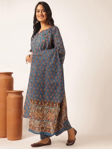 Image of Vbuyz Women's Printed & Embellished & Mirror Work Straight Cotton Stitched Kurta set | Straight Kurta Pant Dupatta | Kurta Set with Dupatta for Women | Suit Set | Ethnic Set | Printed Kurta Set