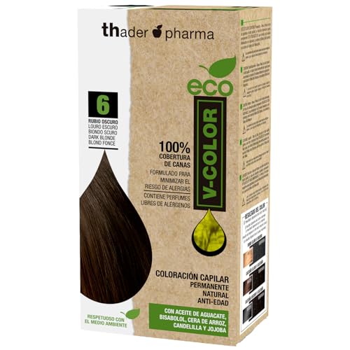 Thader Pharma ECO V-Color Kit de Coloración Capilar Permanente sin amoniaco 100% cobertura de canas, 120 ml (No. 6 Rubio oscuro)