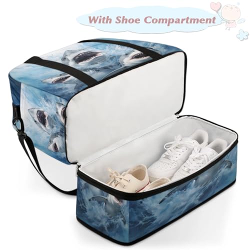 Travel Duffel Bags Ocean Shark Foldable Weekender Bags for Women with Shoes Compartment Waterproof & Tear Resistant Carry on Overnight Luggage Duffel Bag Shoulder Sports Tote Bag,A-9184