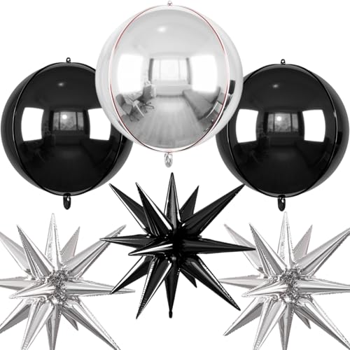 Image of 6pcs 22 inch Black Silver Star Balloons and 4D Large Foil Balloons, Black Foil Star Balloon Silver 4D Aluminum Balloon For Birthday Baby Shower Party Wedding Anniversary Graduation New Year Decoration