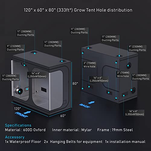 Topogrow 120"X60"X80" Large Indoor Grow Tent Room Indoor Gardening High Reflective Mylar 10'X5' Growing Tents Dark Room, Durable Frame, Removable Floor Tray Hydroponic Greenhouse Plant Veg And Bloom #TOP5