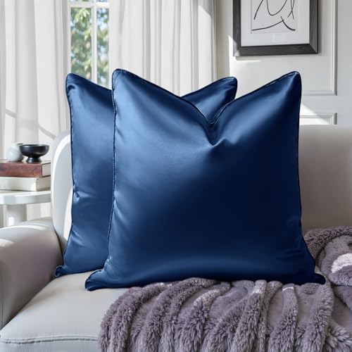 HOMEIDEAS Navy Blue Decorative Throw Pillow Covers 18x18 Set of 2, Glossy Faux Silk Pillow Covers for Couch Sofa Bed Decor Luxury Euro Cushion Covers