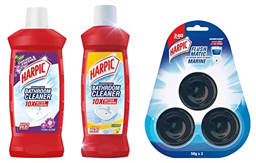Image of Harpic Flushmatic In-Cistern Toilet Cleaner Blocks, Marine - 150 g | Lasts Upto 240 Flushes & Disinfectant Bathroom Cleaner Liquid, Lemon - 500ml & Disinfectant Bathroom Cleaner Liquid, Floral - 1L