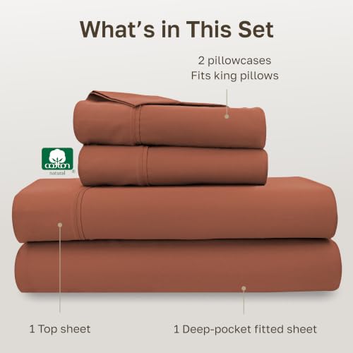 Image of California King Bed Sheets Set - Soft 400 Thread Count Sateen, Natural 100% Cotton Cal King Bed Sheets, Deep Pockets with All Around Elastic for a Snug Fit, Durable Bedding - Rust