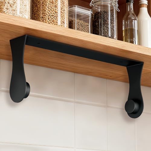 Image of Paper Towel Holder Under Cabinet, Adhesive or Screw Mount, Fits Standard & Mega Rolls, Wall Mount Rack for Kitchen, Bathroom, RV, Black