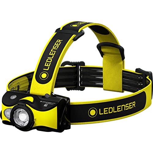 Linterna frontal LED profesional Ledlenser iH9R, recargable con batería, incluye fijación para el casco, 600 lúmenes, enfocable, luz roja, funcionamiento posible con 2 pilas AA, bloqueo de transporte
