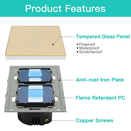 BSEED Dimmer Schalter Led Dimmer Touch Lichtschalter 1-fach 2 weg +2-fach 1 weg Glas Touch Schalter Gold Touchscreen-Funktioniert mit dimmer LED-Gl&uuml;hlampen