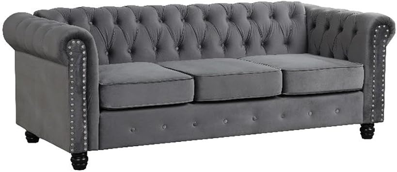 Pemberly Row Chesterfield Button Tufted Velvet Fabric Sofa in Gray, Upholstered Couch Seating, Living Room Lounge, Residential or Office Use, Comfortable Plush