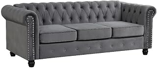 Chesterfield Button Tufted Velvet Fabric Livingroom Sofa-Gray