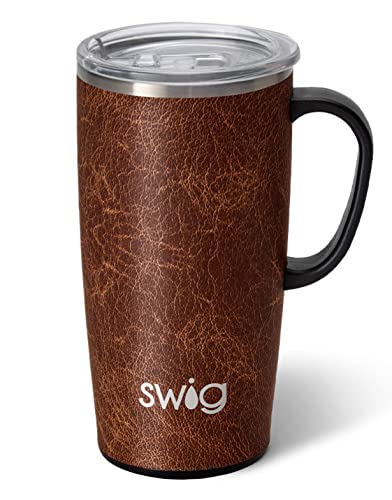 Swig Life Taza de viaje alta de 22 onzas con asa y tapa, apto para tazas, apta para lavavajillas, acero inoxidable, vaso de café con triple aislamiento (cuero)