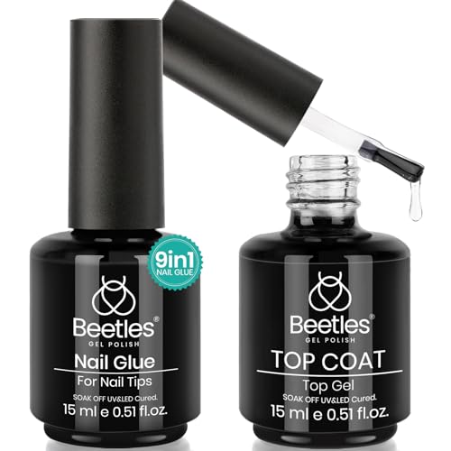 Beetles Gel Nail Glue and No Wipe Top Coat Kit, 2Pcs 15ml 9 In 1 UV Nail Glue for Acrylic Nail Tips Clear Press On Nails, Easy Nail Extension Gel, Soak Off LED Shine Finish DIY Home Manicure