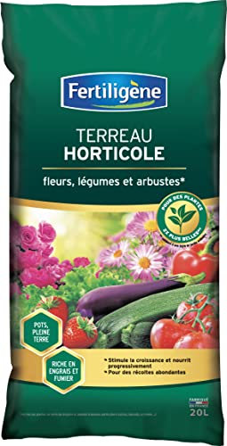 FERTILIGENE FH20M - Terreau Horticole 20 L - Stimule la Croissance et nourrit progressivement - Récoltes abondantes et Plantes 2 Fois Plus Belles - Enrichie en Engrais et fumier - Fabriqué en France