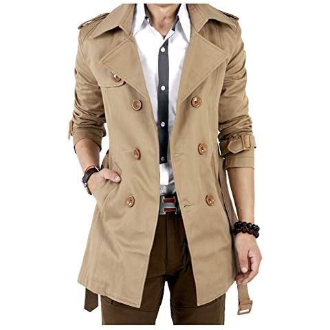 WSLCN Mens Trench Coat Belted Cotton Jacket Casual Lapel Windbreaker Overcoat Khaki Bust 41“(Asian M) Cover