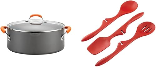 Rachael Ray Brights - Olla de pasta antiadherente anodizada dura olla de caldo 8 cuartos de galón gris y herramientas de cocina utensilios