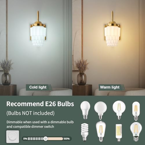 Image of Gold Wall Sconces, 1-Light Modern Sconce Wall Lighting Fixtures with Milky White Glass Shade, Brushed Wall Lamp for Living Room, Bedroom, Bathroom (Gold, 1 Pack)