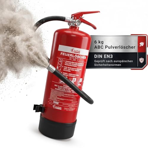 notlok Safety Work – Pulver Feuerlöscher 6kg ABC + elektrische Geräte  1000V | nach DIN EN 3 | Dauerdruck mit Manometer, Halterung & Standfuß | Universal Pulverlöscher Für Gewerbe, Haushalt & Auto