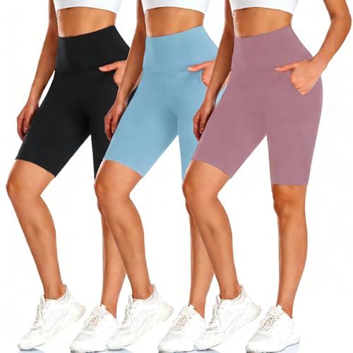 BLONGW 3 Pack High Waisted Cycling Shorts Women UK - 8" Tummy Control Yoga Shorts with Pockets, Black Running Gym Shorts for Ladies Sports & Cycle（Linen Beige/Light Blue L-XL）
