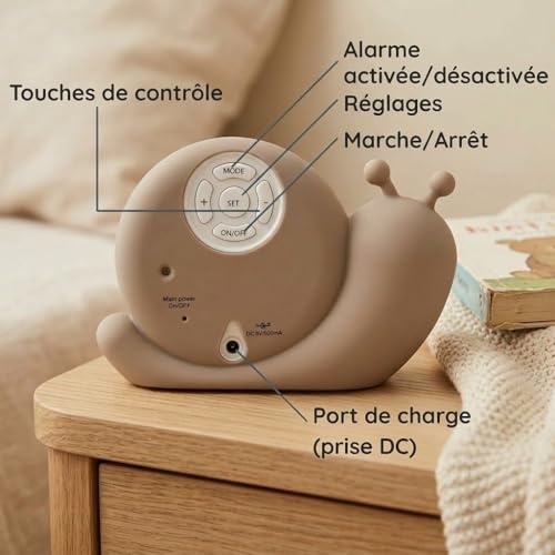 Alecto BC110BE Simon -Reveil Enfant, Reveil Enfant Educatif Jour/Nuit, Horloge Enfant Réveil éducatif pour Enfants - Veilleuse - Escargot, Taupe – vue 7