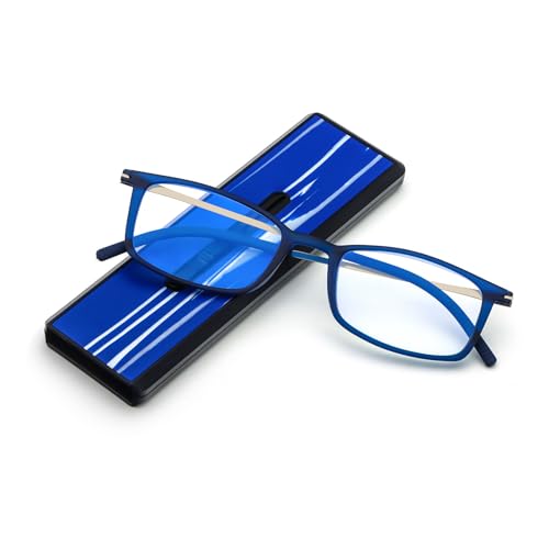 MMOWW Anti-luz Azul Gafas de Lectura Ultra Ligeras para Hombres Mujeres Plegables Compacto Lector de Ordenador Portátil Estuche Plano Delgado Estirable Único (Azul, +1.5)