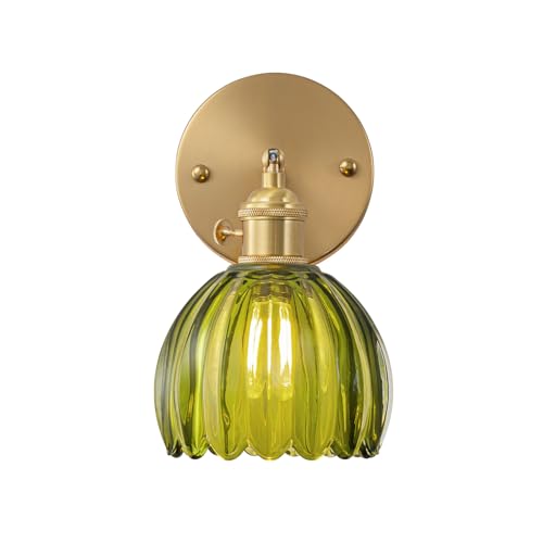Image of Vintage Wall Sconces Wall Mounted Lights with Emerald Green Tulip Glass Lampshade Brass Sconces Hardwired 180 Degree Adjustable Modern Wall Lighting Fixture with Switch for Bedroom Bedside