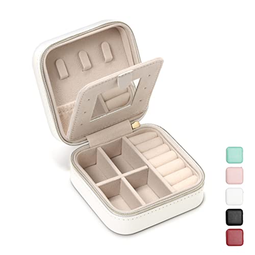 TRODANCE Jewelry Case with Mirror, Small Travel Jewelry Organizer, Portable Mini Storage Box for Rings, Earrings, Necklaces, Gift for Mother Mom, Girl, Daughter, Sisters, Bridesmaids (White)